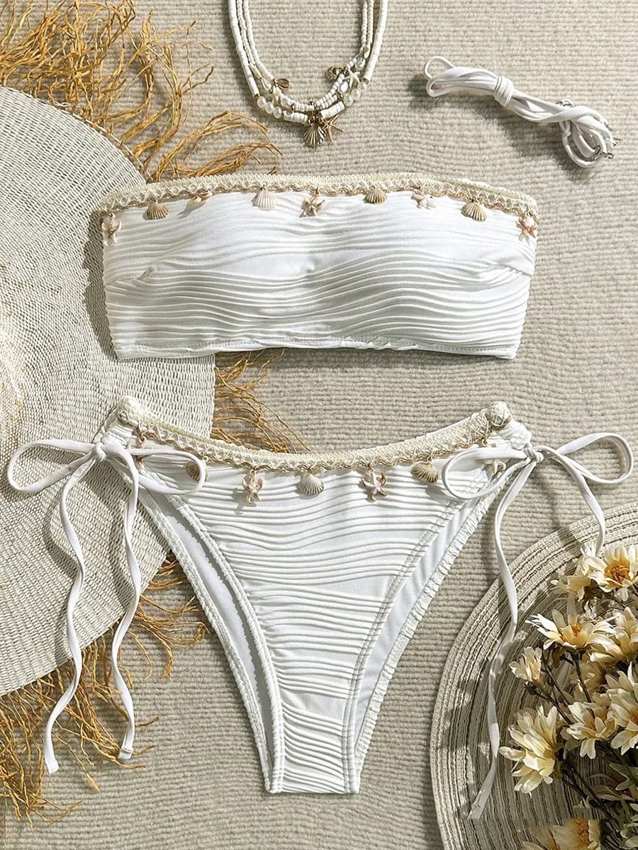 XS - XL Bikini a fascia con dettagli arricciati, costume da bagno da donna, set bikini due pezzi, abbigliamento da mare