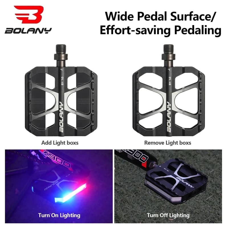 Pedali per bici leggeri a LED regolabili BOLANY 7.0 - Lega di alluminio, antiscivolo cavo, 2 cuscinetti, universali per la guida notturna sicura in MTB