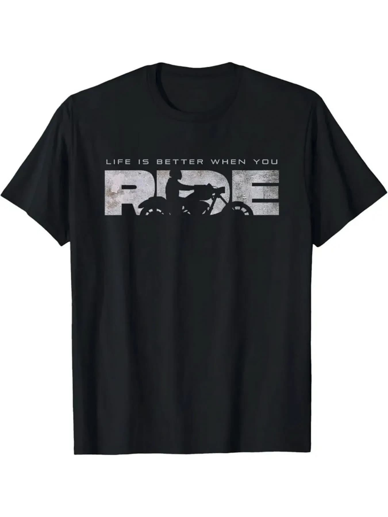 A Seasonal Casual Men's T-Shirt Featuring a Motorcycle Graphic, with a Round Neck and Short Sleeves, Perfect for Outdoor Activities and as a Holiday Gift