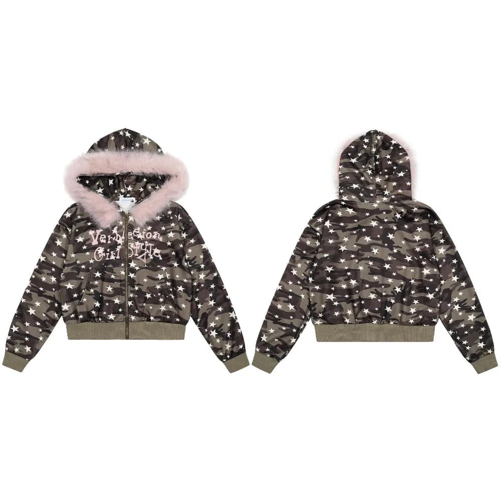Men Zip Up Hoodie High Street Camo Print Oversized Fleece Sherpa Lined Fall Winter Casual Streetwear Vintage Ins Style