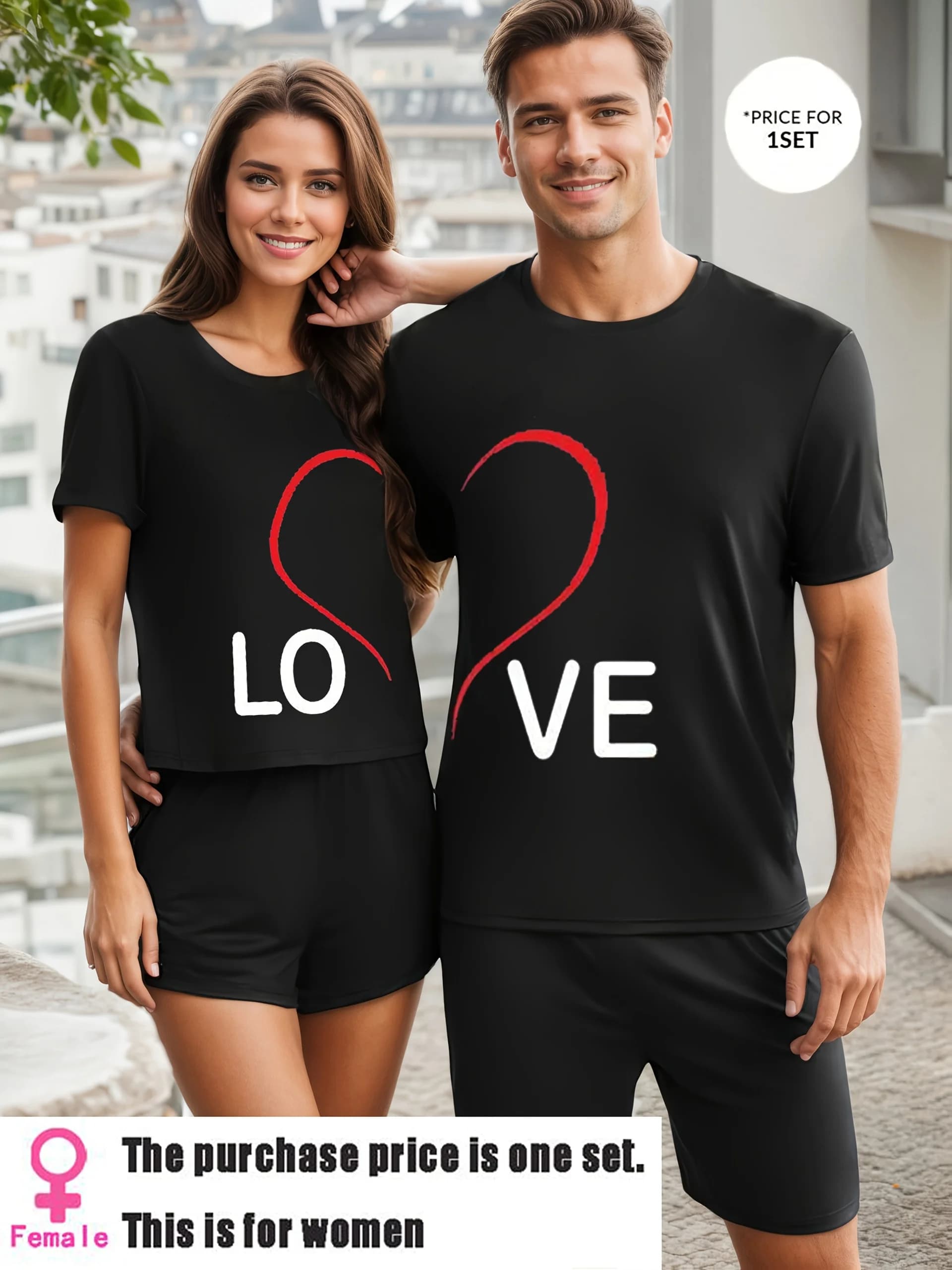 Set di pantaloncini a maniche corte con collo rotondo e stampa di lettere d'amore in stile coppia da uomo o da donna da 1 pezzo