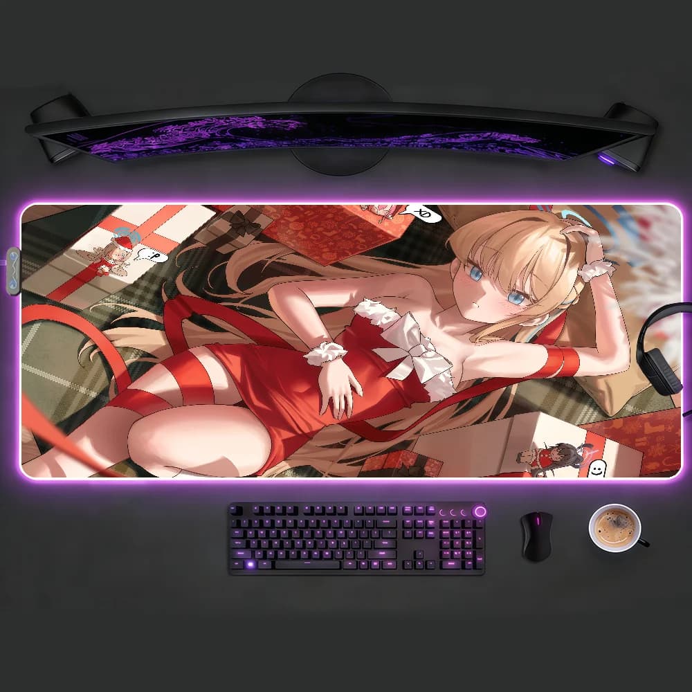Tappetino per Mouse da Gaming RGB, Tappetino da Scrivania con Bordi Cuciti, Grande Formato, Design Anime con Bordo LED, Tappetino per Tastiera per Giocatori
