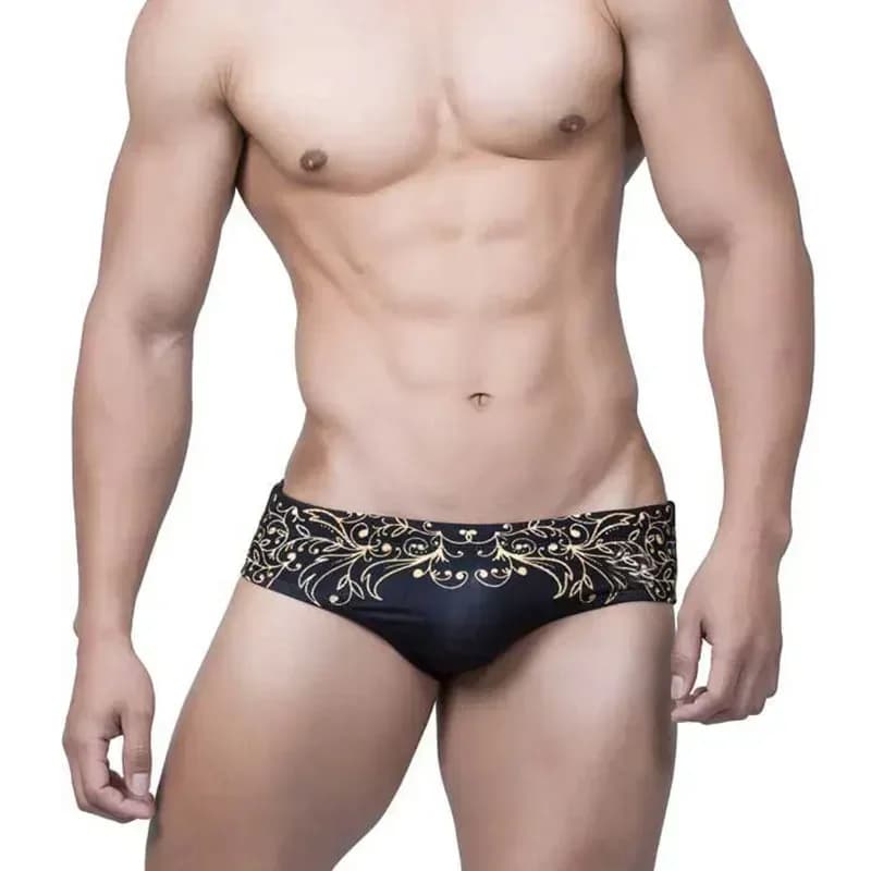 Costumi da bagno neri da uomo Retro stampa foglia oro Slip da bagno Costume da bagno da uomo Pantaloncini da spiaggia Surfing Costumi da bagno bikini maschili corti Uomo