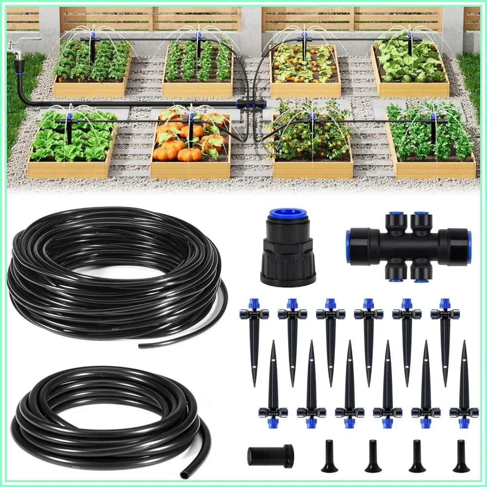50FT Drip Irrigation Kit, Garden Watering System with Quick Connectors, 6-Way Splitter, 12 Adjustable Drippers, 1/4" Tubing & 15mm Main Hose for Raised Beds, Patio, Greenhouse