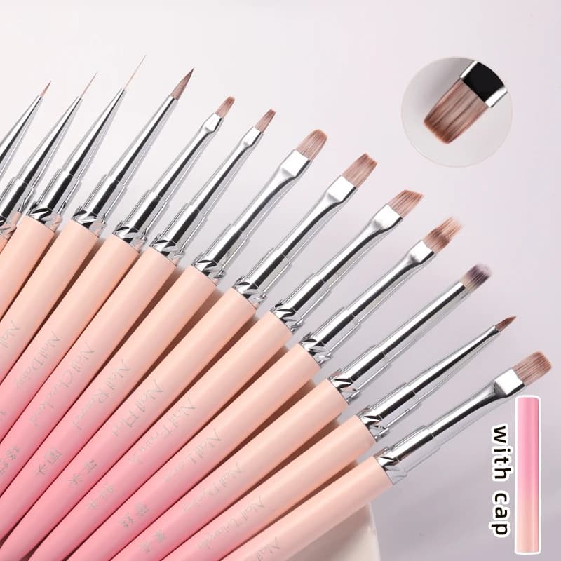 Pennelli per nail art con manico sfumato rosa 13 stili per linee di manicure che dipingono lo strumento di disegno della penna per costruttore di estensioni del gel UV