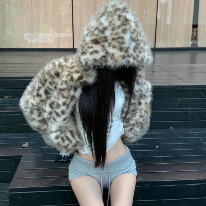 Leopard New Fur Hoody Women Clothing Sweet Spice Girls Premium Loose Lazy Hoodies Short Slim All-match Elegant Sweatshirt