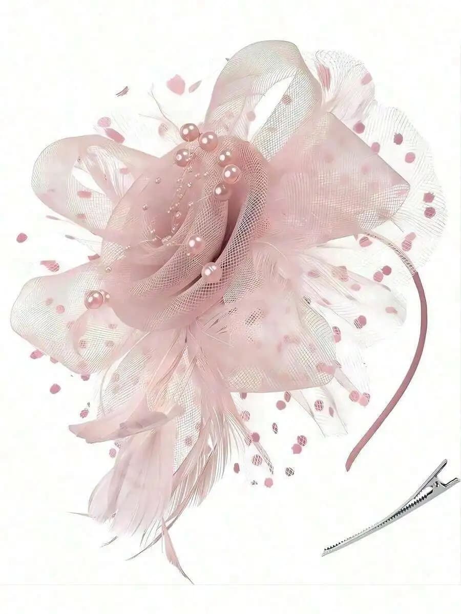 1pc Headpiece Hat Tea Party Hat Veil Flower Hair Clip Headband With Veil For Women, Wedding