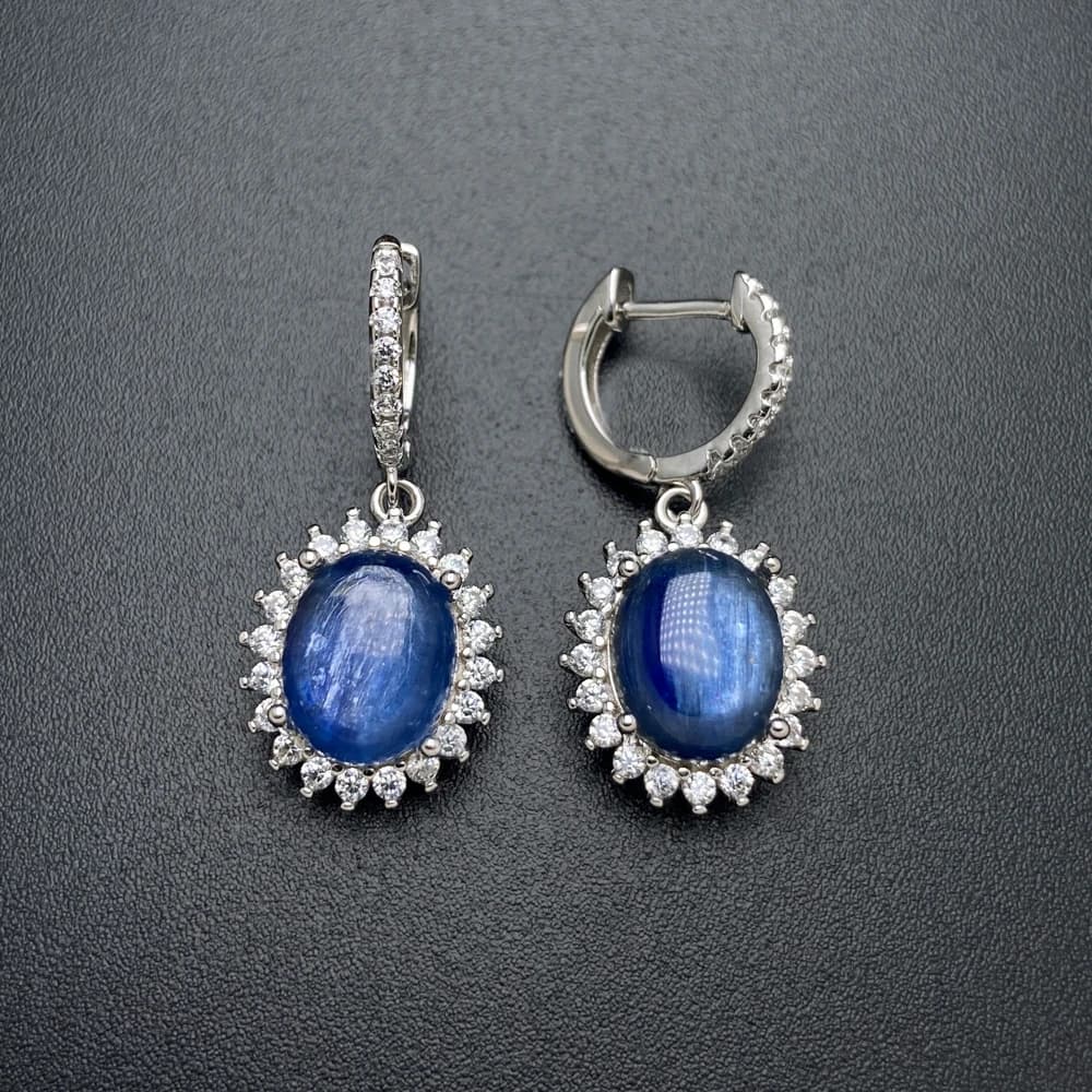 Natural Cyanite Trendy Earrings, Sterling Silver 925, Gemma Crystal 8*10mm Cat Eye Effect, for Women, Feast, Wedding, Refine Jewelry, Gift