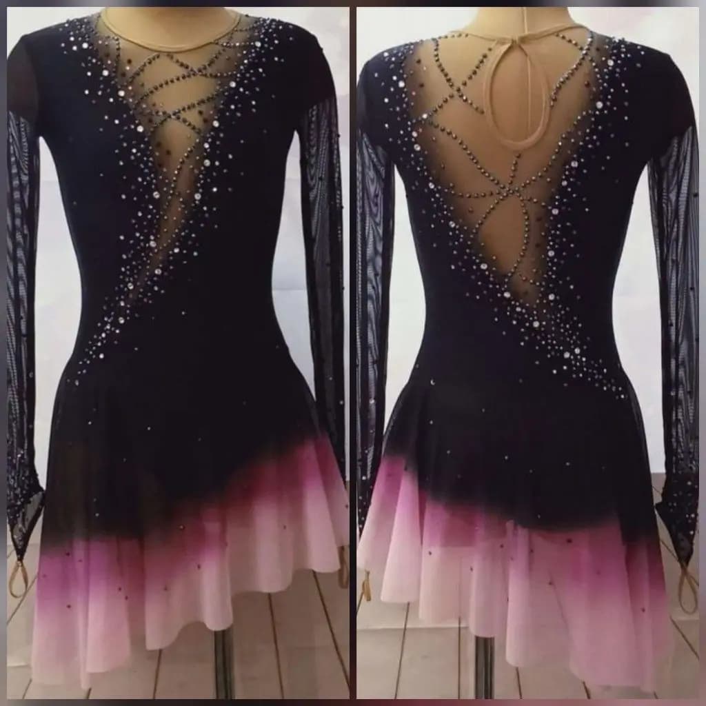 Vestito da pattinaggio artistico su ghiaccio per ragazze, maglia nera a maniche lunghe, abbigliamento da allenamento per prestazioni da competizione, bambini adulti BD1733