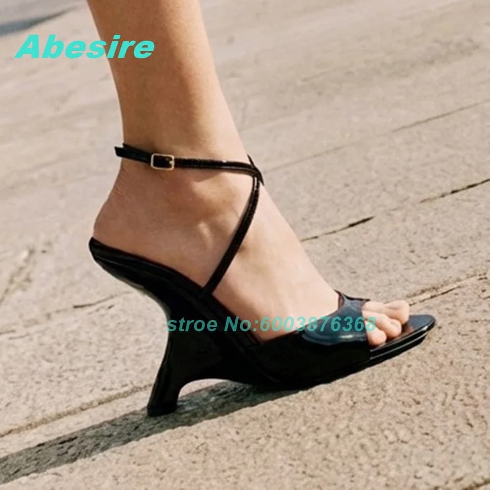 Black Patent-Leather Peep Toe Sandals Open Toe Cross Ankle-Strap Strange Style Heel Women's Sandals Sexy Y2K Daily Party Shoes