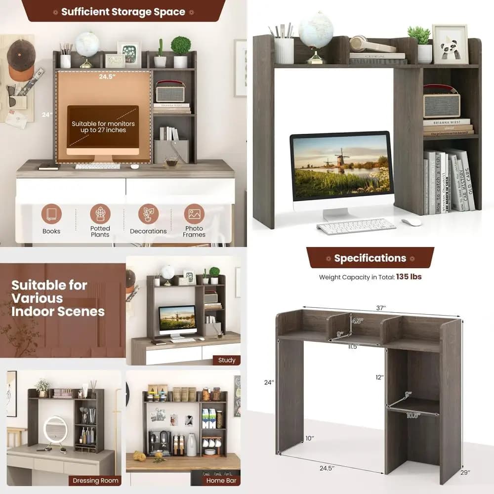 Support for Monitor from 27 Inches with 5 Wooden shelves, Anti-Rebalt, Multifunction Desk for Home, Office, Dormitory (Grigio)