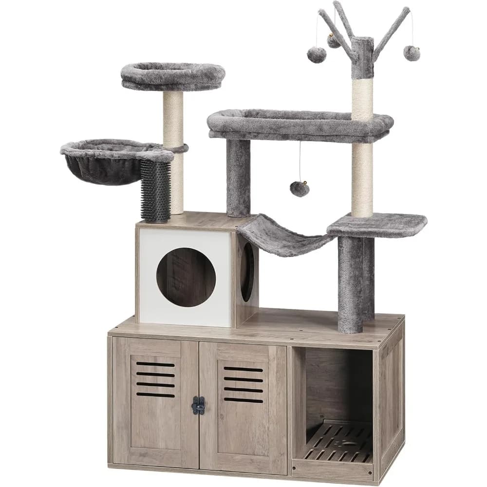 HOOBRO Grande lettiera nascosta, albero per gatti con contenitore per lettiera lungo 30,7 pollici, torre per gatti moderna, condomini per gatti con posizione antigraffio