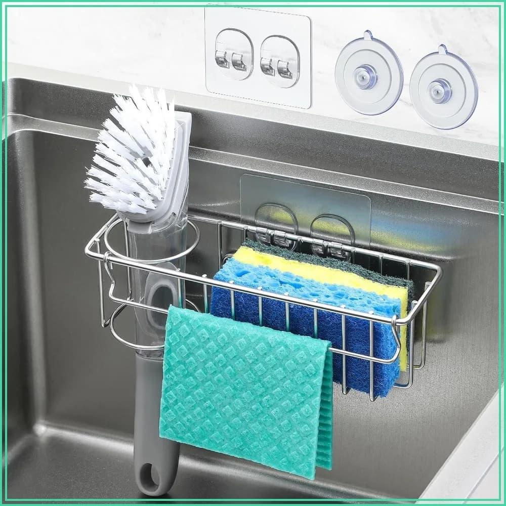 3-in-1 Stainless Steel Sponge Holder for Kitchen Sink - Suction Cups & Adhesive Hook, Wall Hanging Organizer for Sponge, Dish Cloth, Brush