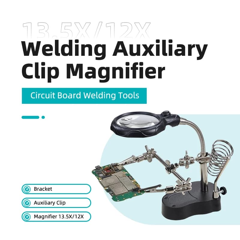 Lente d'ingrandimento 13.5X 12X con clip ausiliaria per saldatura di circuiti stampati, strumento per saldatura elettrica con supporto per saldatore