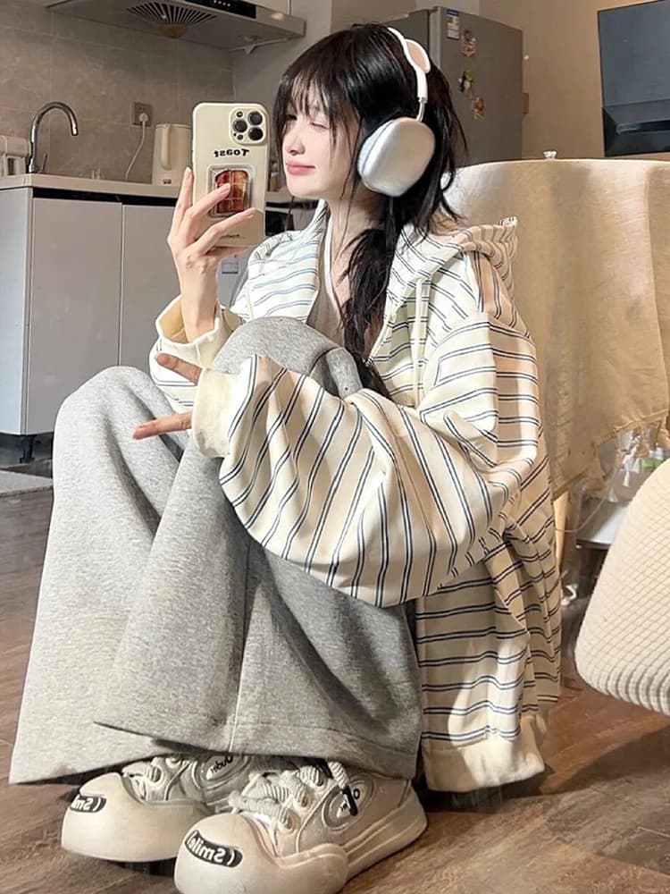 Women's Oversize Hoodie Cardigan Striped Loose Fit Fall 2024 New Sle Casual Versatile Long Sve Zipper Closure Commute Sle