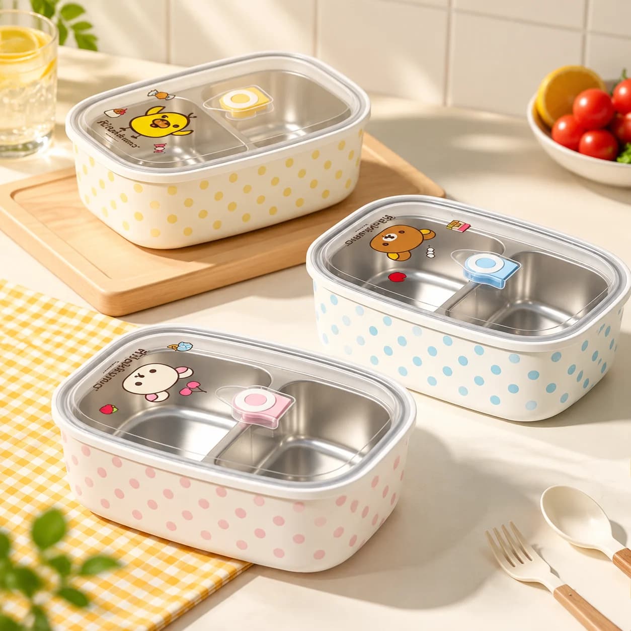Rilakkuma 304 Stainless Steel Bento Box Divided Lunch Box 1200ml Leakproof Food Container For Office Worker Picnic