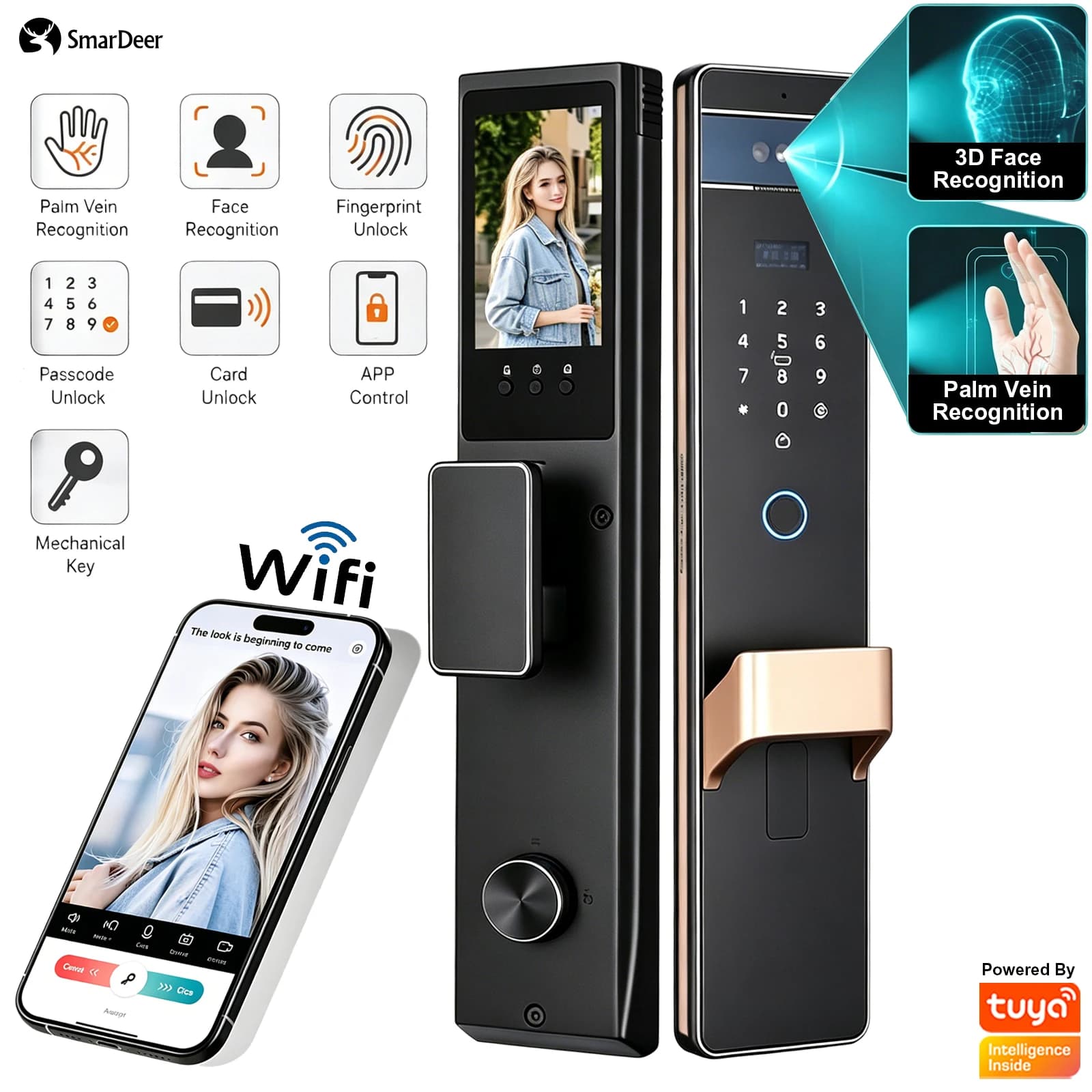 SmarDeer Face & Palm Vein Recognition Fingerprint Digital Lock,WiFi Smart Door Lock,Tuya App Remote Real-time Video Call