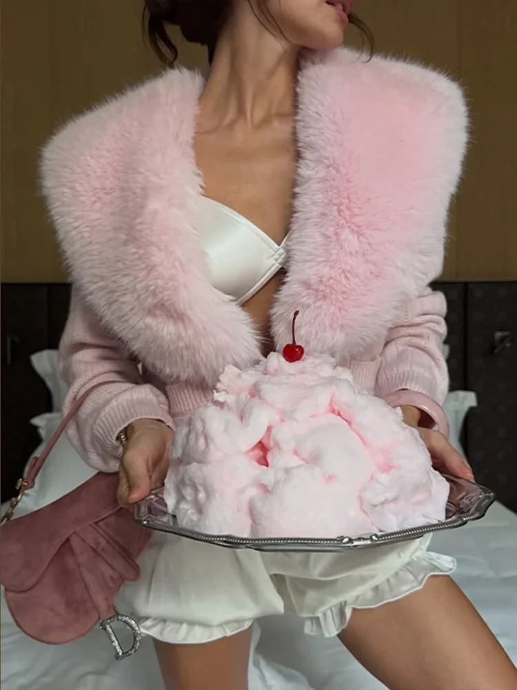 Spring Faux Fur Collar Women's Cardigan Pink Sweet Long Sleeve Single-breasted Female Sweater 2026 Fashion Lady Knitwear