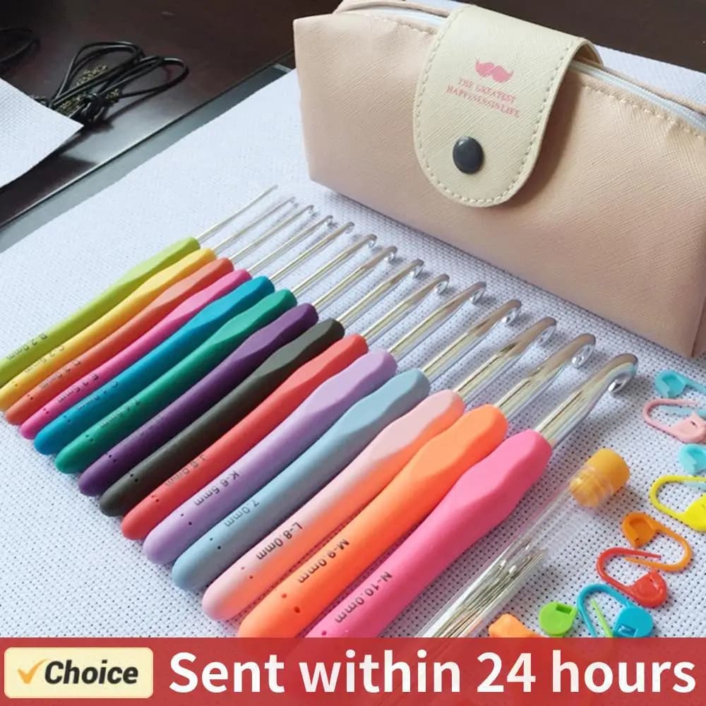 14 pezzi Set di uncinetto in alluminio TPR manici morbidi Kit di ferri da maglia strumenti per tessere