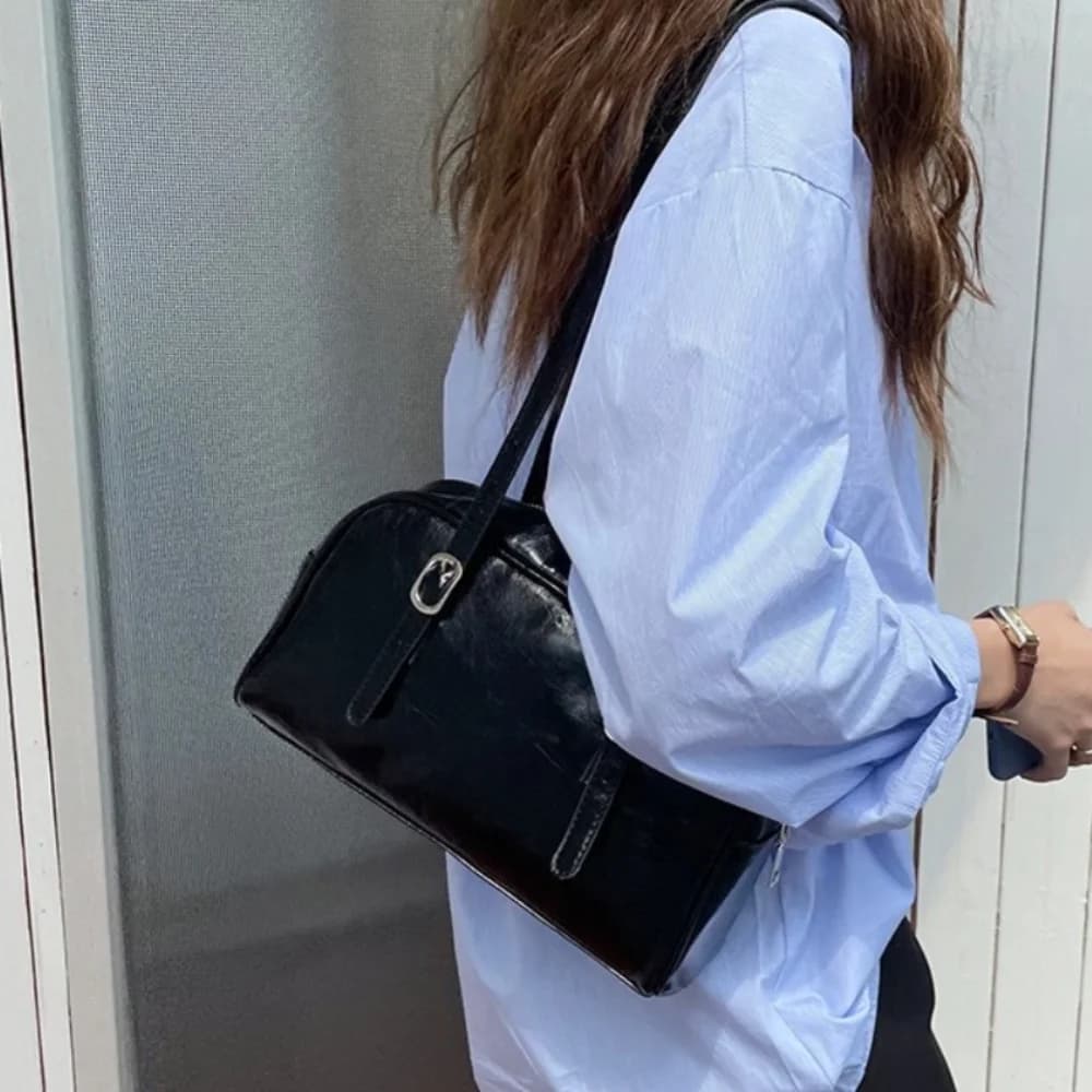 Fashion Green Boston Bag Large Capacity Solid Color PU Leather Shoulder Bag Korean Style Pillow Bag Underarm Bag Ladies