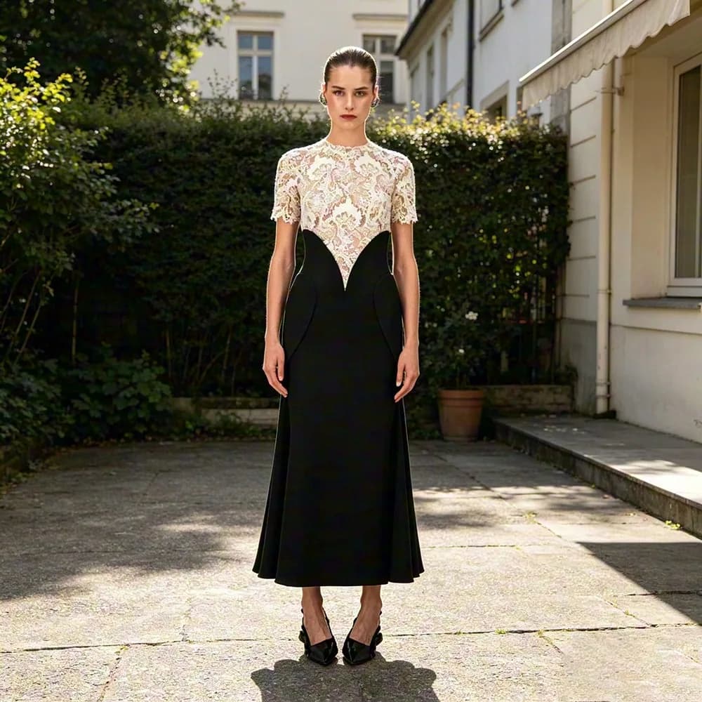 Customized Contrast Color A-line Ankle Length Prom Gowns O-neck Short Sleeve Party Dress Cut-out Lace Evening Dress New