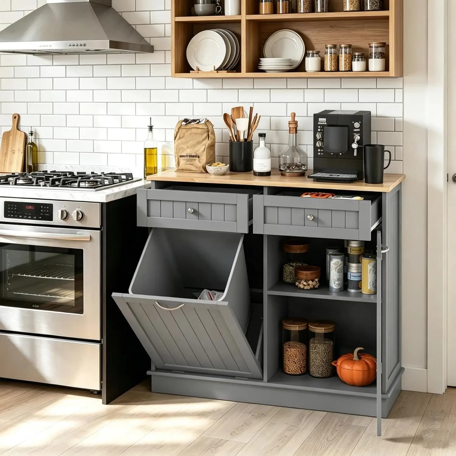 Tilt Out Trash Cabinet 14.5 Gallon, Hidden Trash Can Cabinet (Grey), Customized