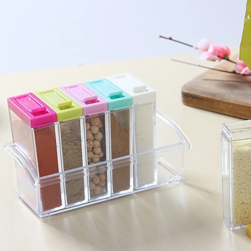 Nuova scatola di condimento creativa Set da 6 pezzi Saliera Scatola di immagazzinaggio di condimento al pepe Contenitore di strumenti per bottiglie di spezie da cucina