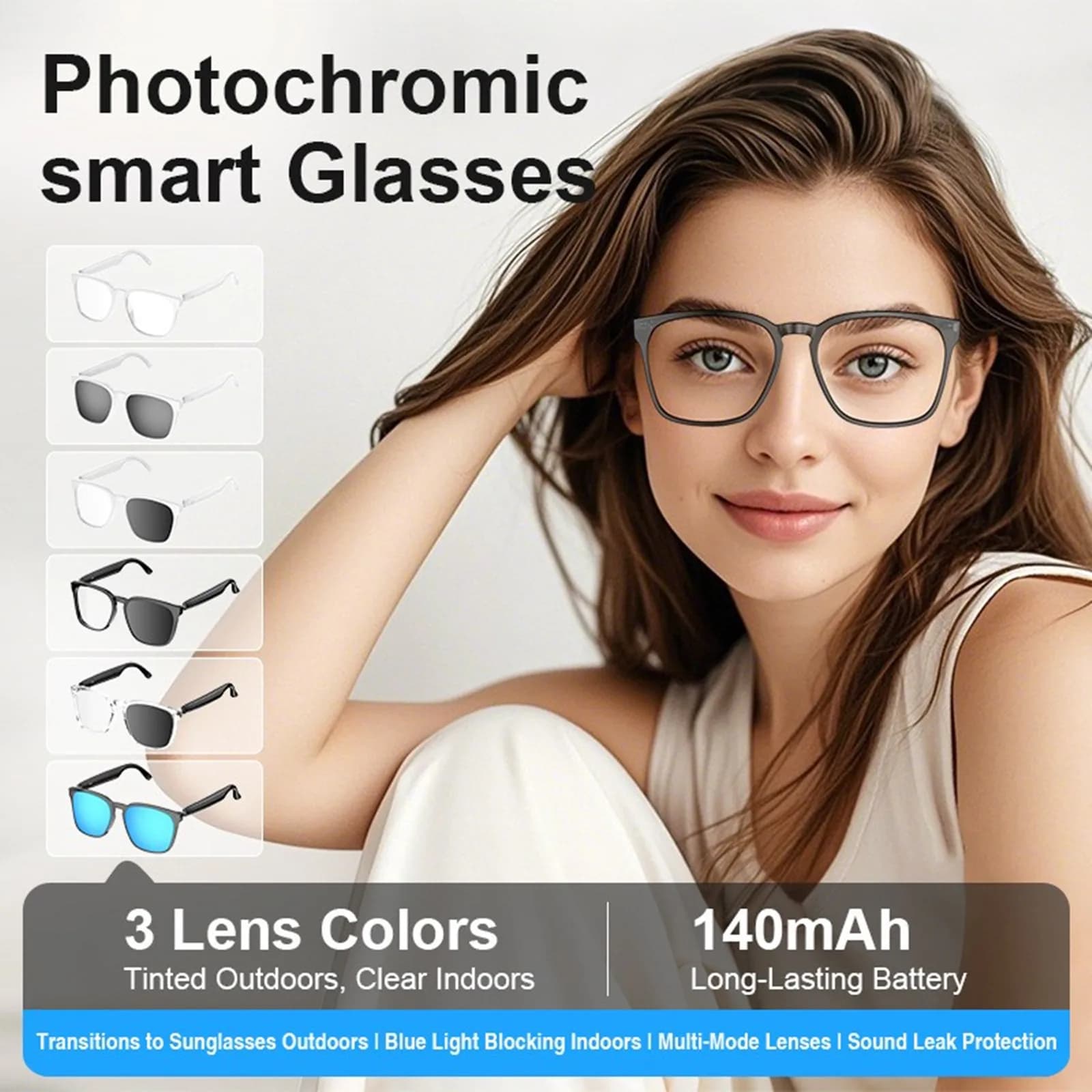 Occhiali Intelligenti con Traduttore AI, Chiamate Bluetooth, Lenti Fotocromatiche, Musica Wireless, Audio e Auricolari per Telefono