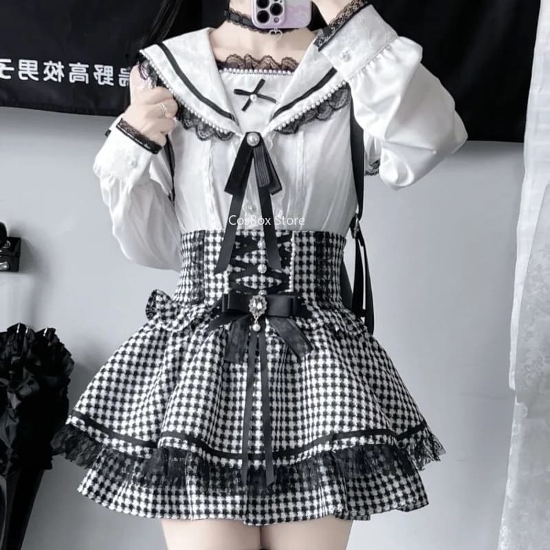Camicetta con Colletto alla Marinara Jirai Kei con Gonna a Vita Alta e Choker, Outfit Gotico Y2K in Pizzo a Maniche Lunghe per Donne, Stile Dolce Kawaii Giapponese