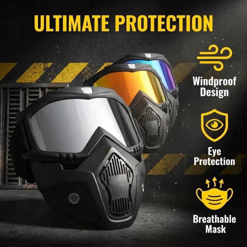 Maschera Tattica Staccabile con Occhiali Protettivi Antivento e Antipolvere per Moto, Airsoft, Protezione da Proiettili e Occhiali da Sci