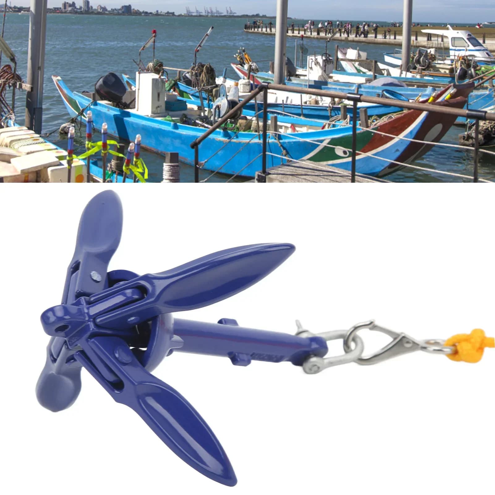 Marine Anchor Blue Aluminium Foldable Boat Kayak Anchor With Yellow Rope For Fishermen