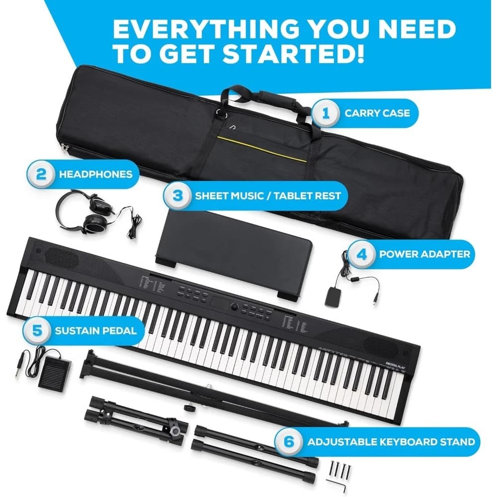 Pianoforte con tastiera a 88 tasti per principianti con 480 toni, altoparlanti integrati, MIDI USB, supporto, borsa, cuffie, pedali e lezioni