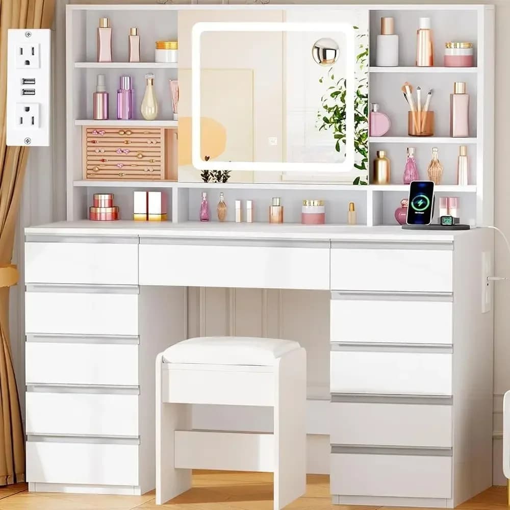 43'' Large Vanity Desk with Sliding Mirror, Lights, and Makeup Organizer, 11 Drawers, 6 Shelves, 3 Color Lights, Desk with Stool
