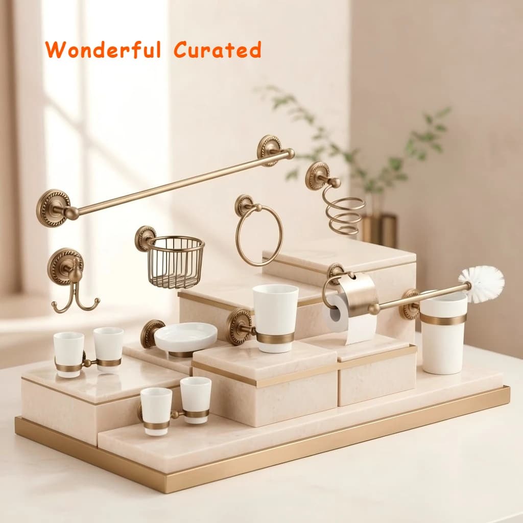 Set di accessori da bagno in ottone massiccio spazzolato antico, gancio per accappatoio, portarotolo, portasciugamani, cestino per sapone, set di raccordi per il bagno
