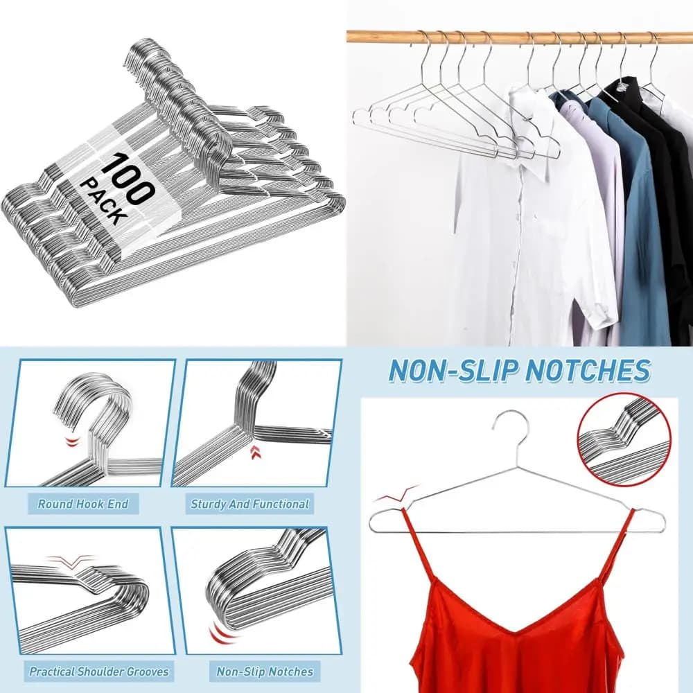 Stainless steel wire hangers for clothes - Pack of 100, durable, thin, space saving, ultra slim design to improve cabinet space