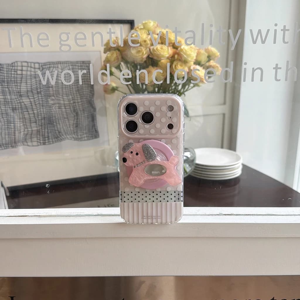 Cover per iPhone 17 16 15 Pro Max con Strisce Rosa e Bianche, Pois Bianchi e Stelle Nere, con Supporto Magnetico a Forma di Cane
