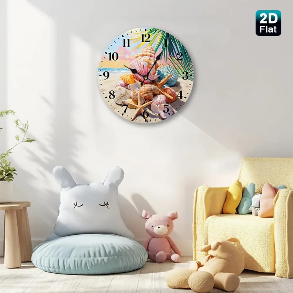 2D Flat Design of a Tropical Beach Featuring Seashells, Starfish, And Palm Leaves for a Nursery Wall Clock – 1pc Coastal Art, Pe