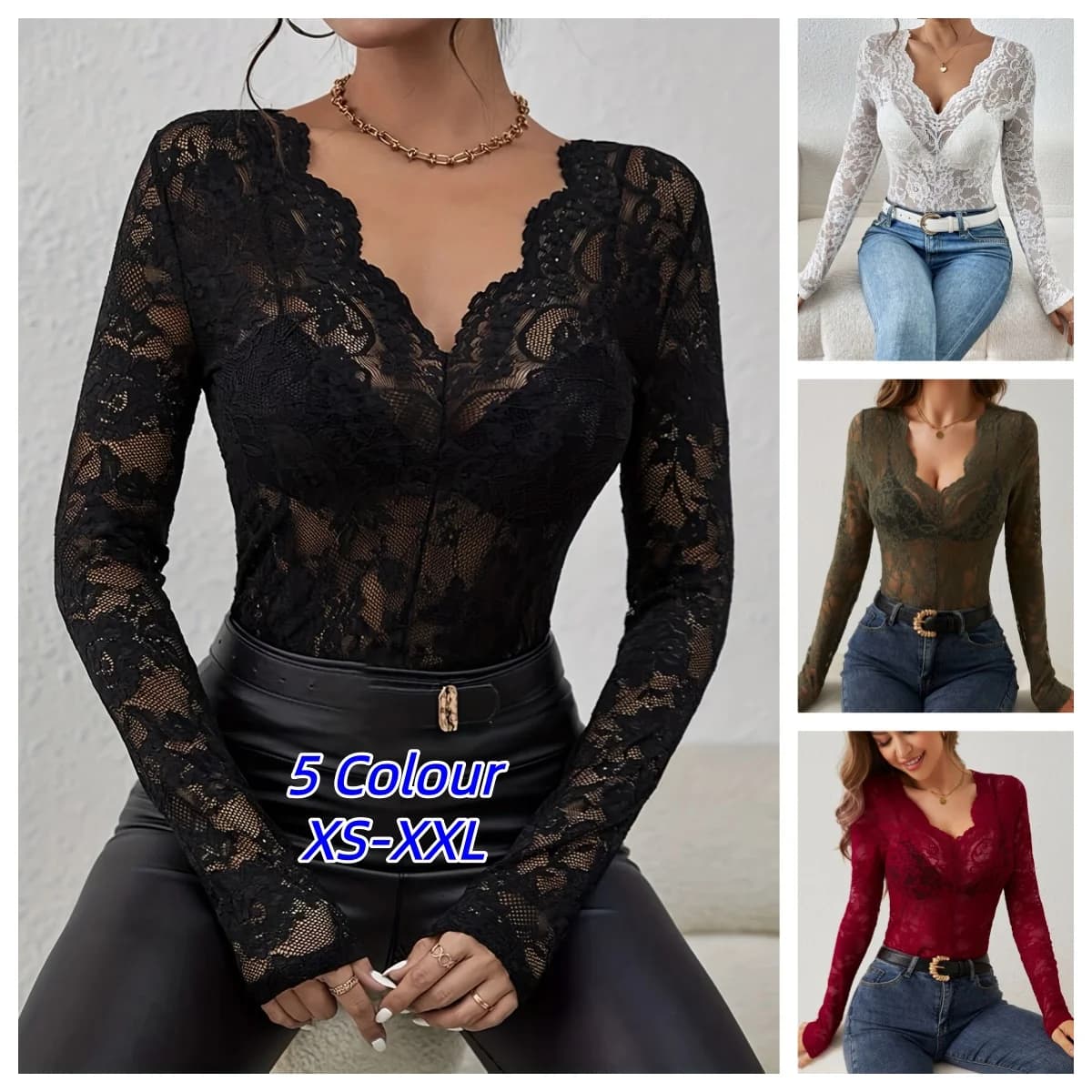 Maglietta Sexy da Donna a Maniche Lunghe, Nera, in Pizzo Trasparente, con Scollo a V e Bordo a Fiori, Aderente e Trendy