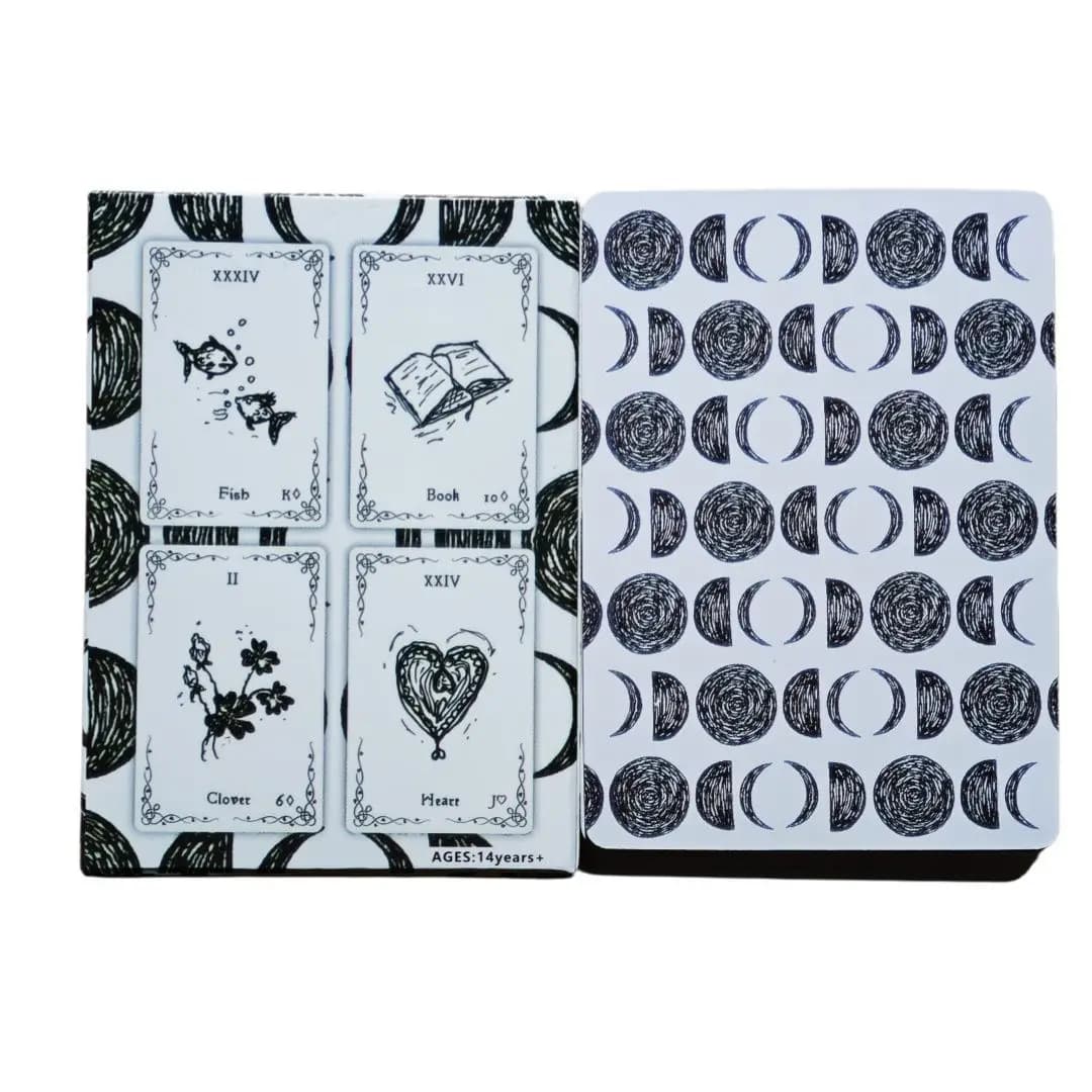 36 Carte Oracolo Minimaliste in Bianco e Nero, Stile Schizzo Disegnato a Mano, 9*6cm, Mazzo Luna Lenormand