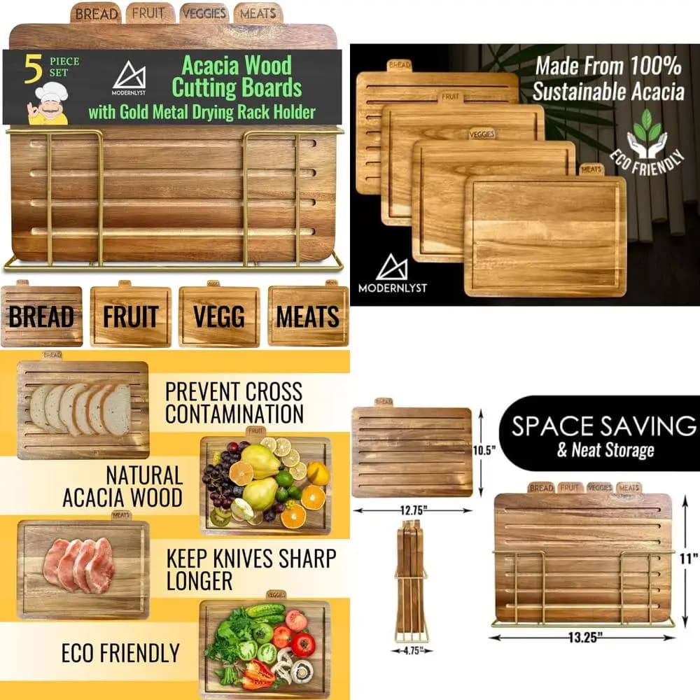 Set of large acacia wood cutting board with support, 13x11x2.5 inches, kitchen cutter collection labeled