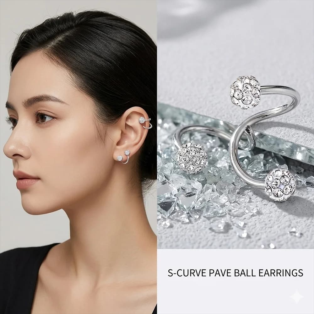 Orecchini a perno con sfera di cristallo da donna, con doppia perla smerigliata e glitterata, colore argento, ganci a U, gioielli piercing, regali di tendenza