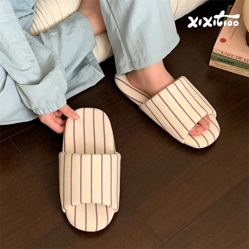 XIXITIAO Stripe Indoor Slippers Women Men Four Seasons Couples Home Flat Floor Slippers Open-Toe Soft Light Cotton Shoes Unisex
