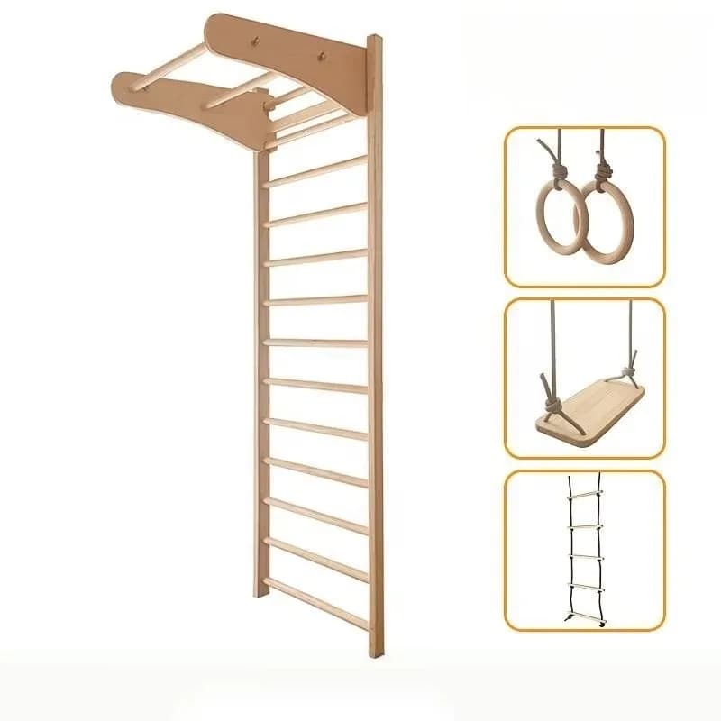 Classic Structure for Adjustable Climbing, Swedish Staircase in Wood with Horizontal Bar for Gymnastics