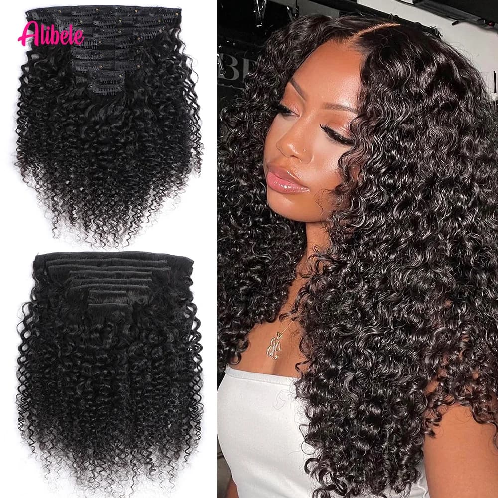 Alibele Clip Ricci Crespi in Human Hair Extensions 120G 8 pcs/set Natural Color Full Peruvian 100% Human Hair Remy for Women