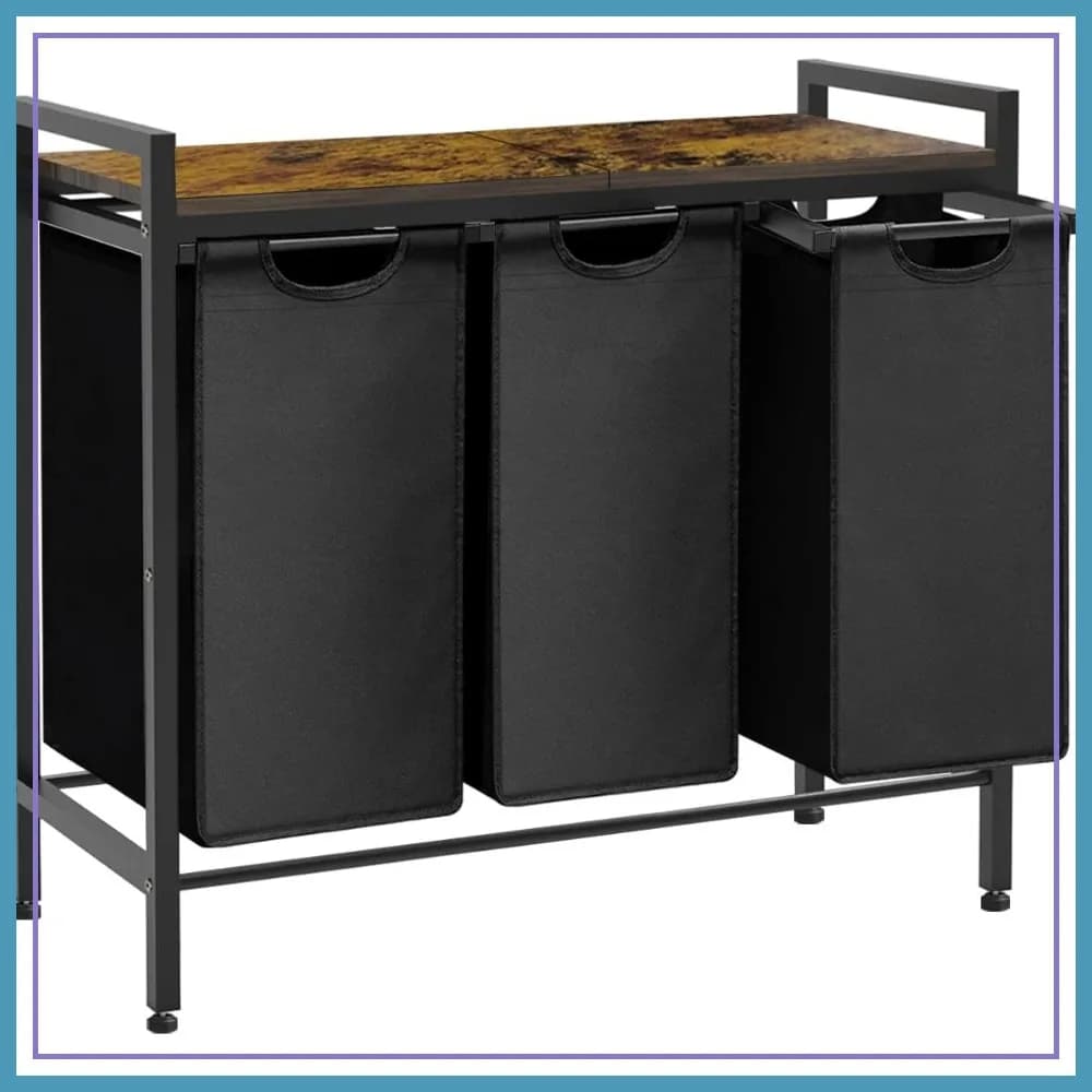 Cesto Portabiancheria Grande con 3 Sacchi Rimovibili, Ripiano Superiore in Legno, Organizzatore Versatile per Lavanderia, Bagno, Dormitorio, 8x3 Galloni