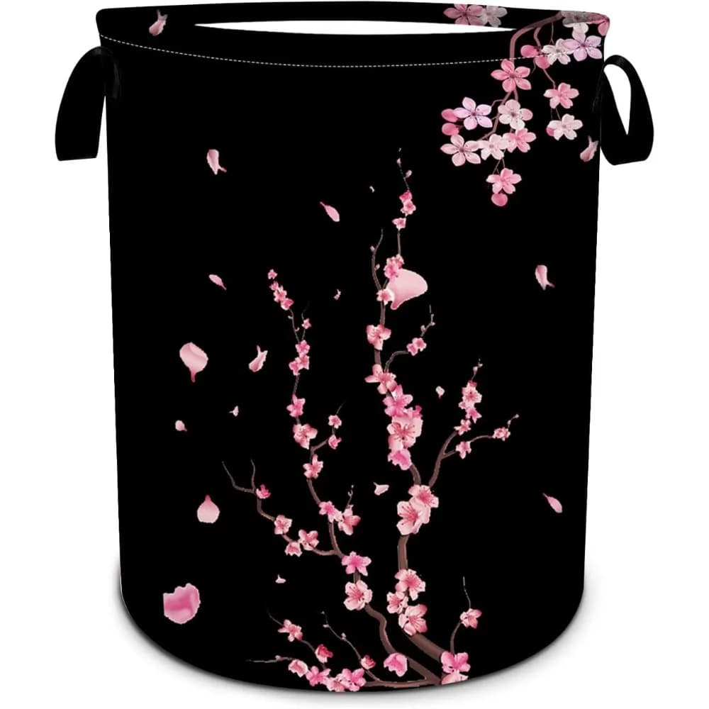 Linen basket with pink cherry blossoms, waterproof folding floral linen basket with flowers, fun bag to store dirty clothes