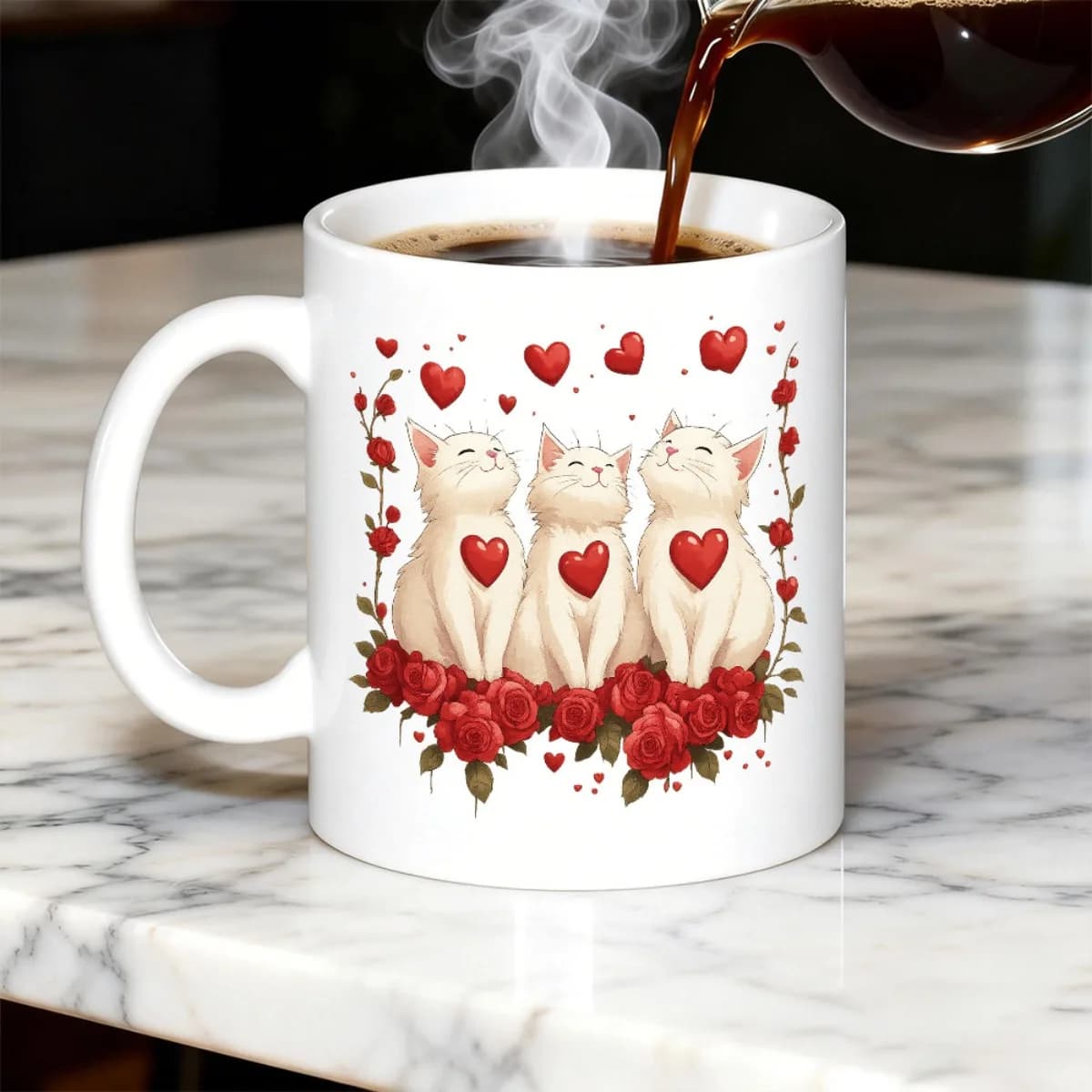 [Home] Tazza da Birra Bianca da 11oz con Design di Gattino, Cuore e Rosa, Tazza dal Design Divertente, Regalo per la Festa della Mamma, Stile per Coppie