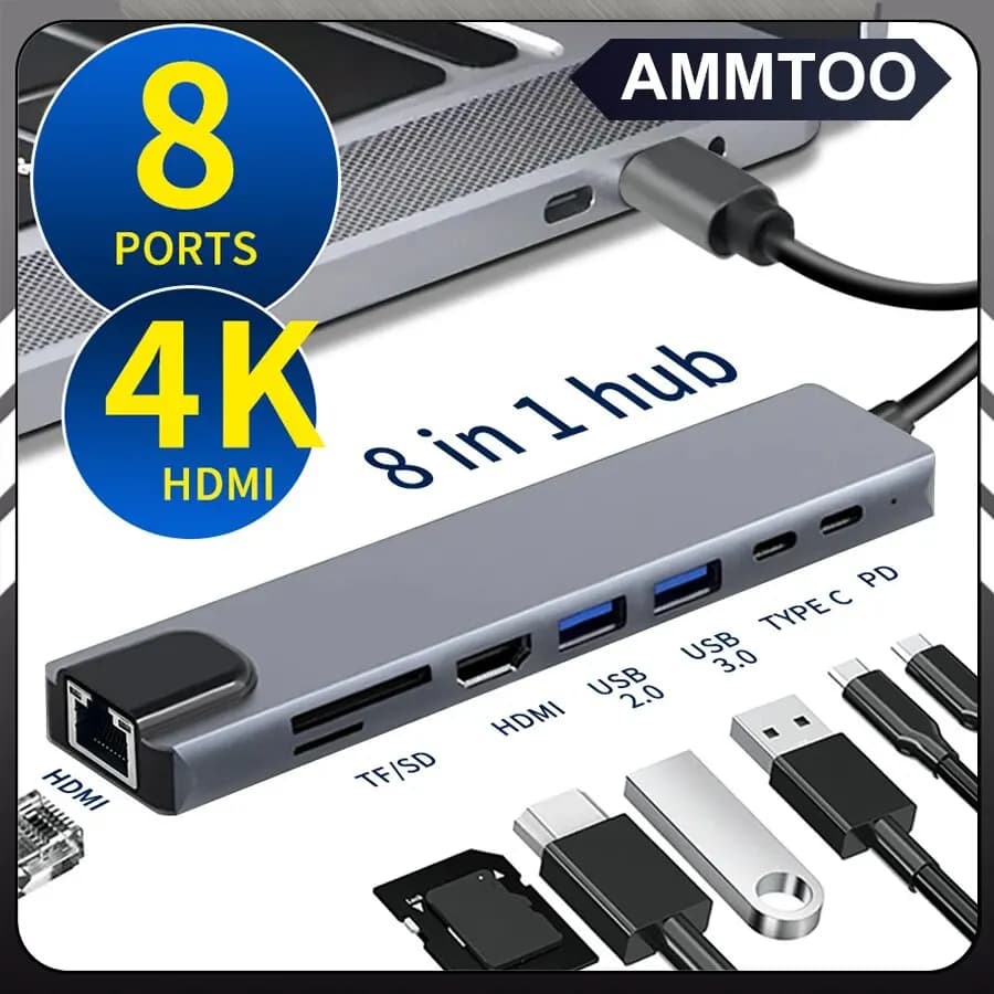 Hub USB C 8 In 1 adattatore HDMI da tipo C 3.1 a 4K con lettore di schede RJ45 SD/TF ricarica rapida PD per Computer portatile Notebook MacBook