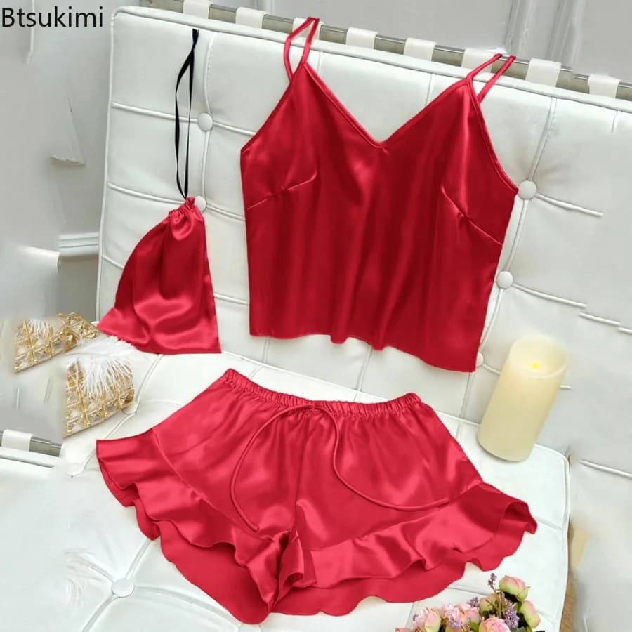 Fashion Solid Color Sexy Underwear Set Women's 2 Pieces Sleepwear Pyjamas Silk Satin Bellyband Cami Top and Shorts Pajamas Lady