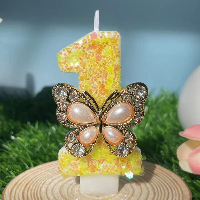 Candele digitali fatte a mano gialle con farfalla di perle Candele decorative per feste di compleanno adatte per feste di anniversario di compleanno